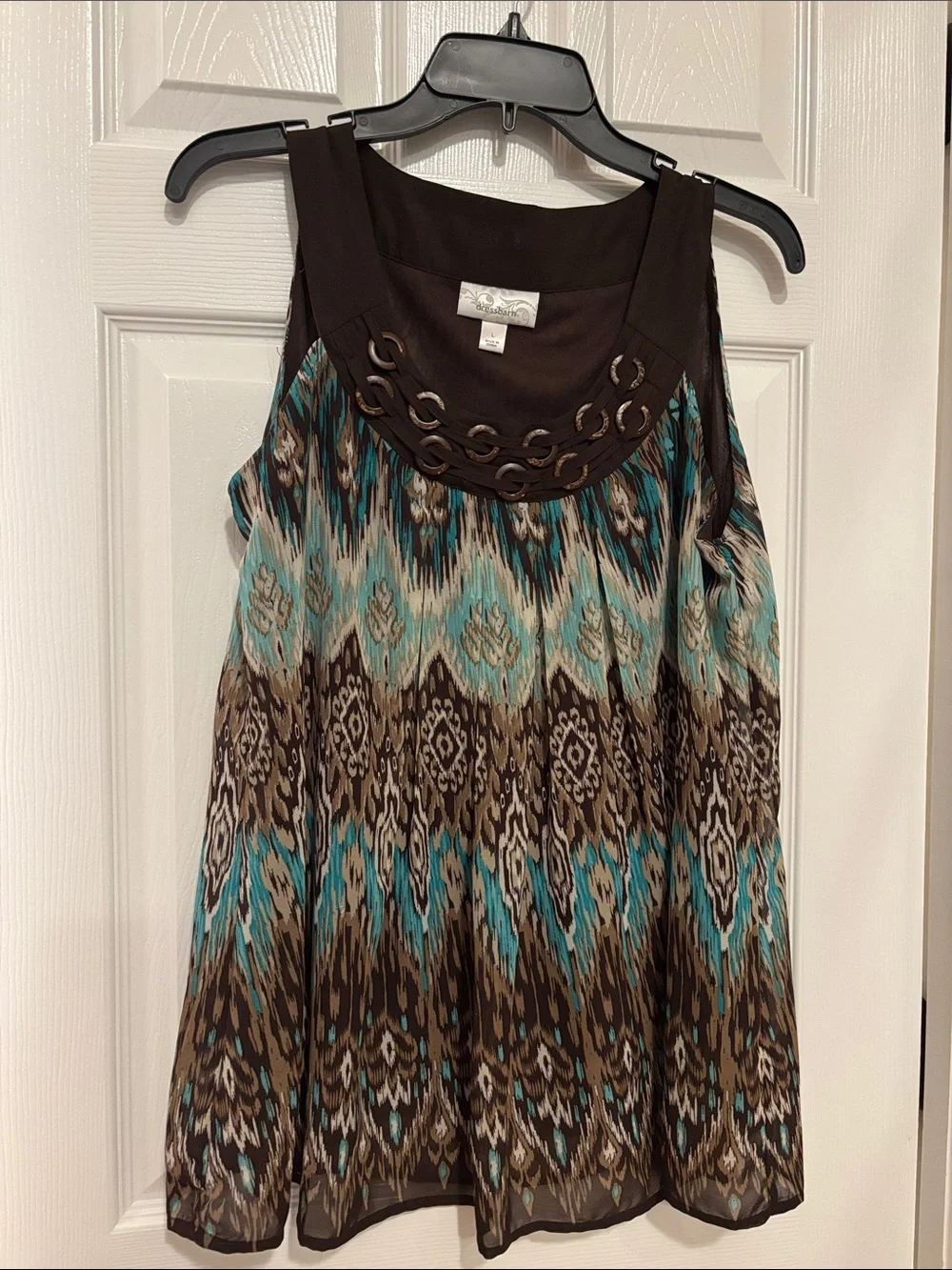 dressbarn Brown and Teal Printed Sleeveless Camisole with Ring Detail